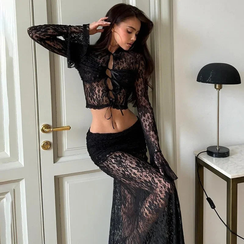2024 Summer Lace Perspective Two-piece Set Feminine Hot Girl Versatile