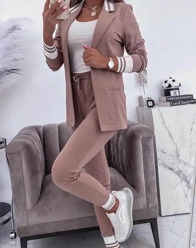 Women's Spring Double Breasted Blazer Office Pantsuit Striped Notched