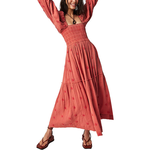Women's Flower Embroidered Long Dress Bodycon Lantern Sleeve Square