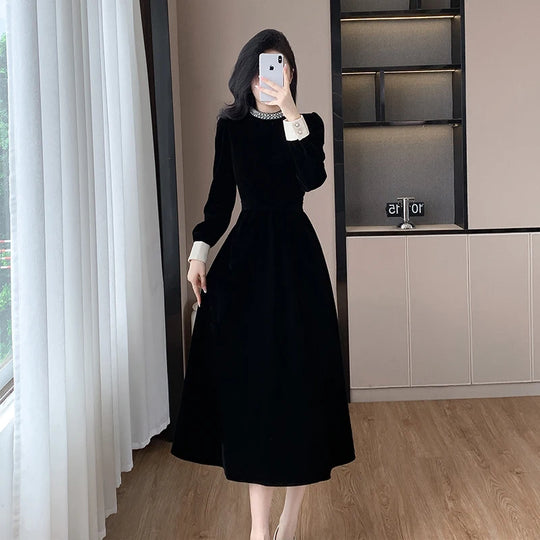 High Quality Fall Winter French Hepburn Velvet Evening Midi Dress