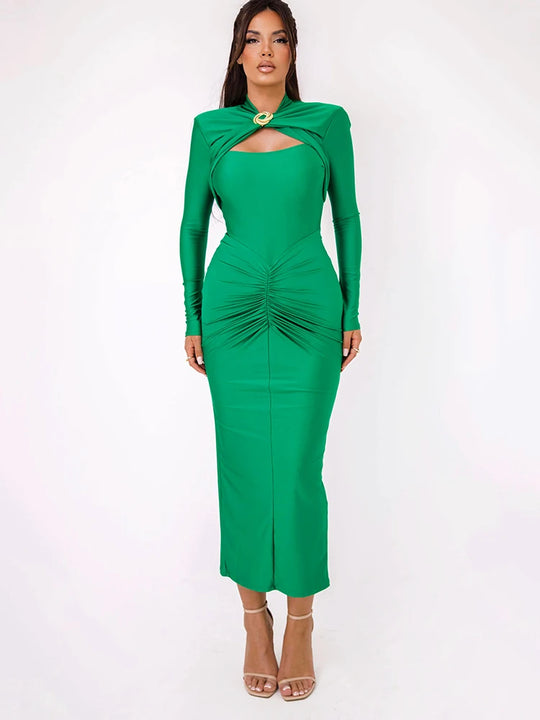 Articat Elegant Long Sleeved Elastic Tight Long Dress Women Bodycon
