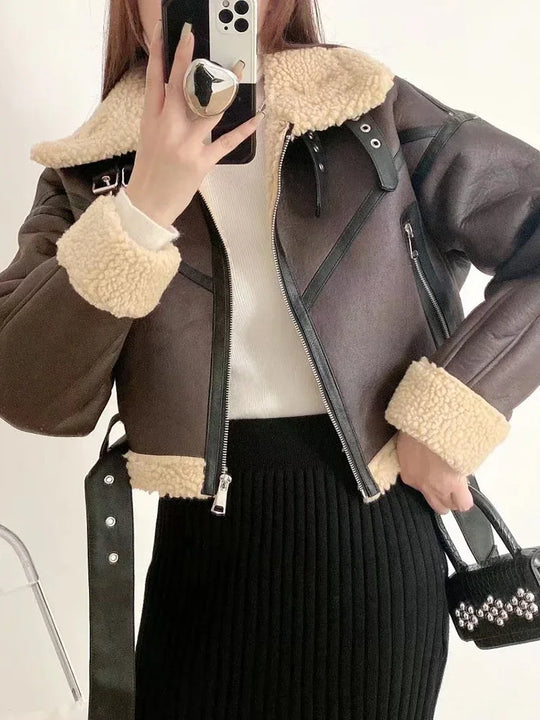 Ailegogo Winter Women Streetwear Faux Lamb Leather Fur Short Jacket