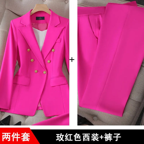 Fashion Office Ladies Formal Pant Suit Set Women Blue Pink Yellow