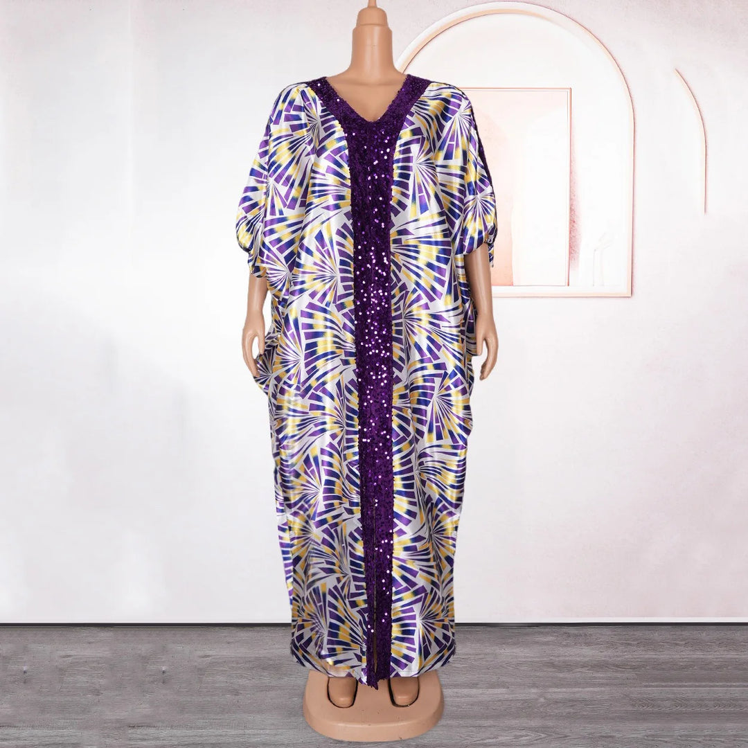 Party Dress Women Elegant Luxury V Neck Batwing Sleeve Sequined Loose Birthday Party Dinner Dress Cloth: Floor Length