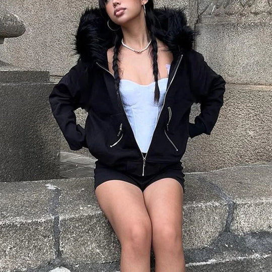 Goth Dark Faux Fur Collar Hooded Zip Up Hoodies Gothic Grunge Pockets
