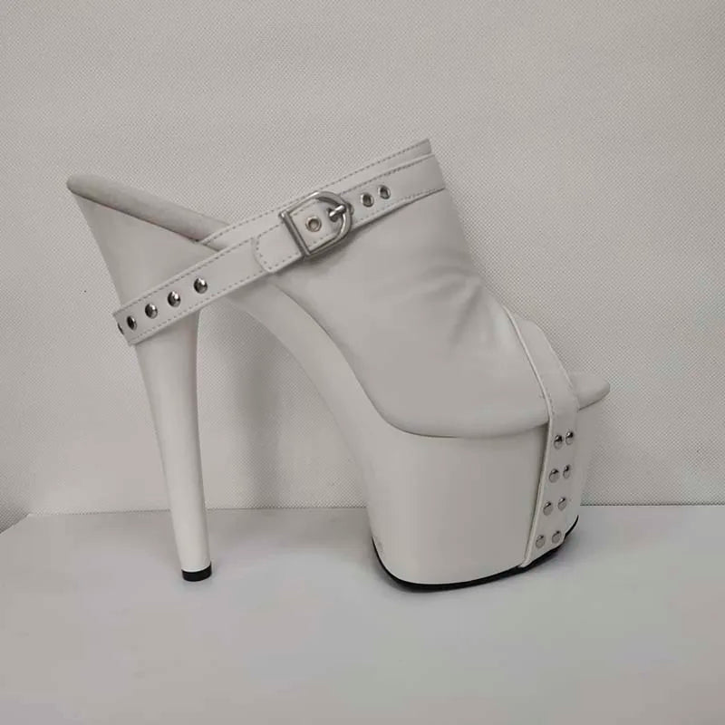 17CM Women's High Heeled Shoes Thick Platform Gothic Shallow Slippers Rivet Big Size Nightclub 7 Inches White Party Buckle Strap