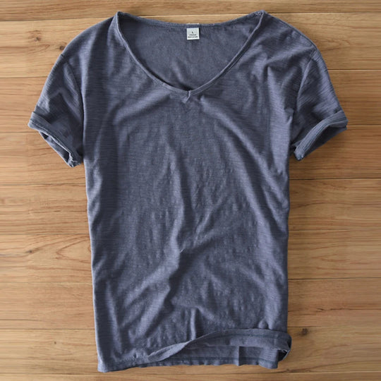 Summer T Shirt Men 100% Cotton Short Sleeve Tshirt V-neck Tops&Tee