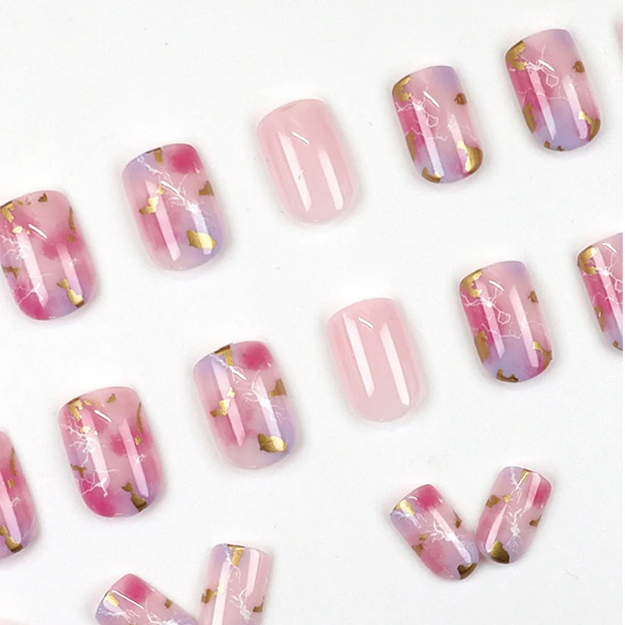 24pcs/set short saure fake nails for Spring summer season french style flowers butterfly design press on false nail art tips