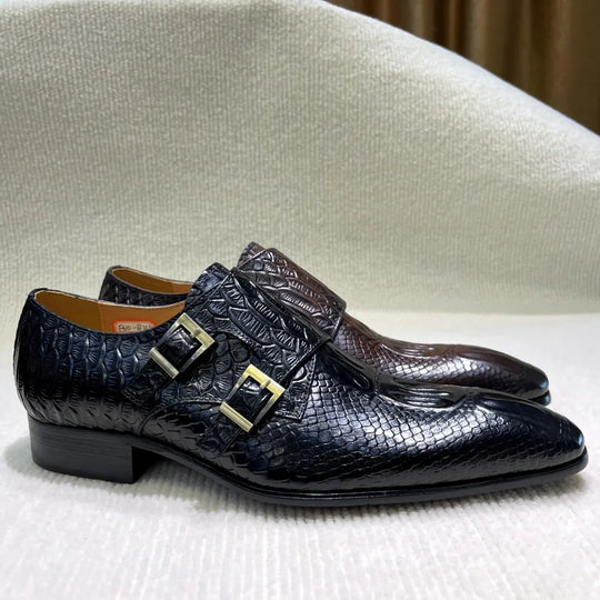 Men's Italian Genuine Leather Formal Oxford Shoes Python Crocodile Pattern Button Detailing for Office Party Wedding Footwear