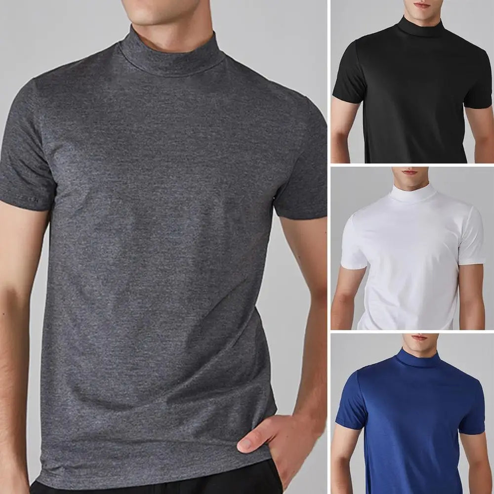 Men Half High Collar Slim Fit T-shirt Summer Casual Short Sleeve Solid