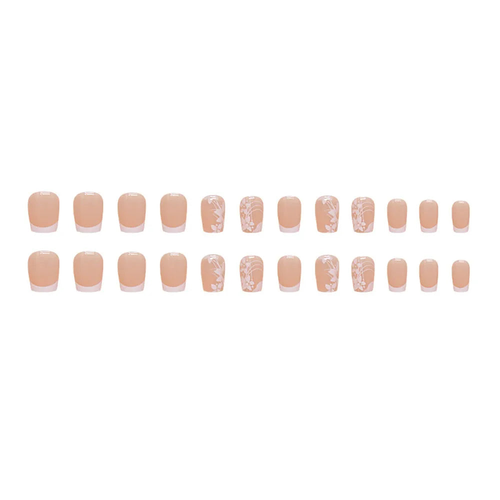 24pcs/set short saure fake nails for Spring summer season french style flowers butterfly design press on false nail art tips