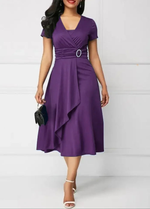 Summer Dresses Elegant Women Solid Color Short Sleeve V Neck