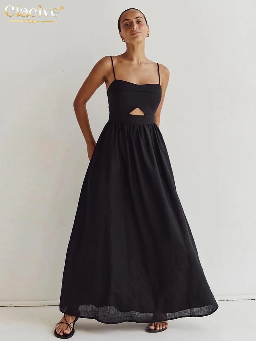 Clacive Sexy Loose Black Cotton Womens Dresses 2024 Summer Strap
