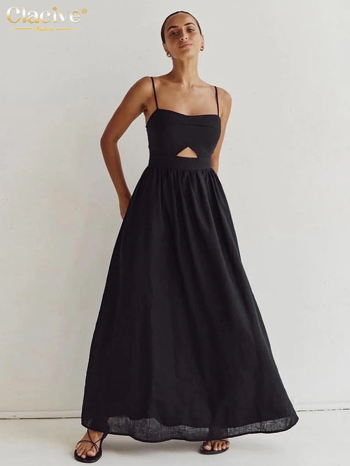 Clacive Sexy Loose Black Cotton Womens Dresses 2024 Summer Strap