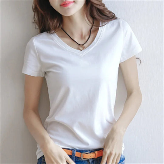 Solid Women Cotton T-shirt V-Neck Short Sleeve Female Tee Slim White