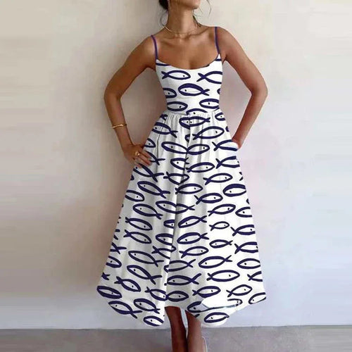 Summer New Women's Fashionable Fish And Shrimp Print U-neck Pleated