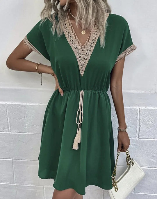 Elegant Women's White Dresses 2023 Summer Solid Short Sleeve Lace