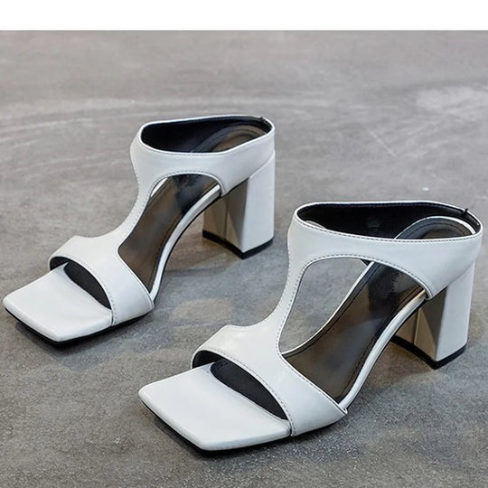 Women's High Heel Shoes 2022 Spring New Slippers Fashion Versatile Solid Color Medium Heel Thick Heel Square Toe Sandals Women