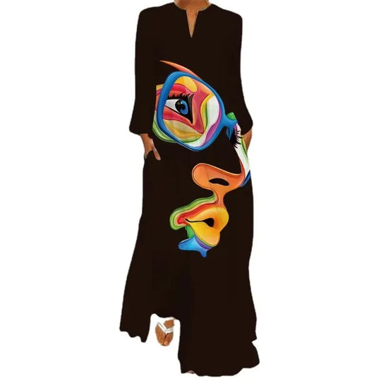 Elegant Women's Long Sleeved Dresses 2025 Spring/Summer New V-neck Pocket Loose Casual Robe Women Clothing S-5XL