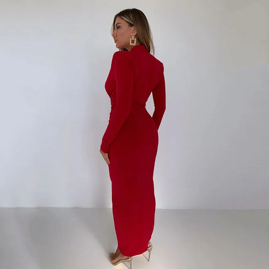 Women Sexy Split Ruched Dress Slim Long Sleeve Wrap Bodycon Dress