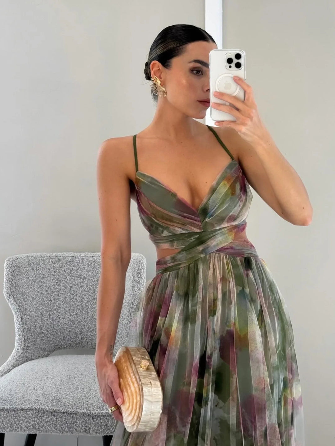 Spring/Summer New Mesh Printed Sling Dress Vacation Casual Gathering Dress