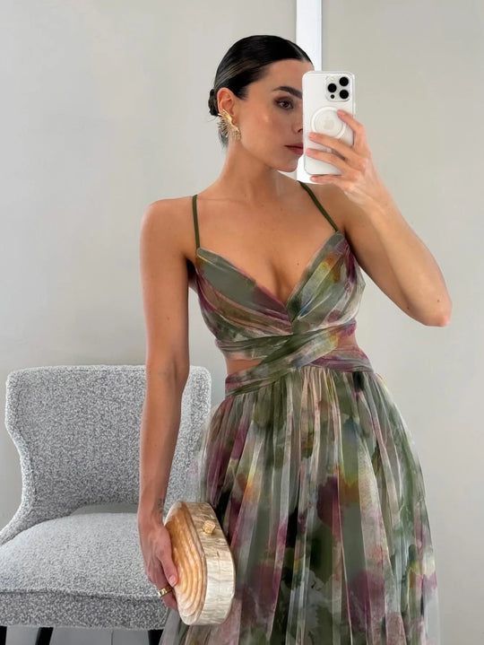 Spring/Summer New Mesh Printed Sling Dress Vacation Casual Gathering Dress