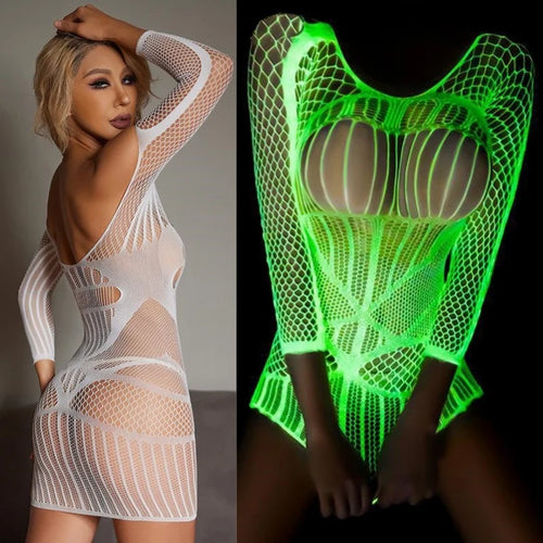 Luminous Fishnet Tights Women Elastic Mesh Open Crotch