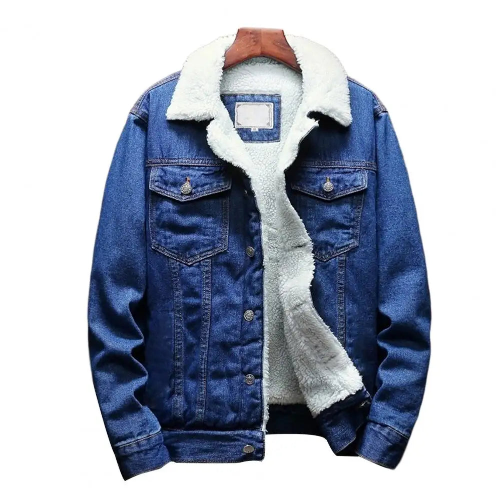 Men Jean Jacket Thicken Lamb Cashmere Lining Men Denim Coat Solid Color Coldproof Outerwear Winter Single Breasted Men Jean Coat