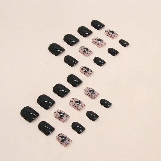 24pcs/set short saure fake nails for Spring summer season french style flowers butterfly design press on false nail art tips