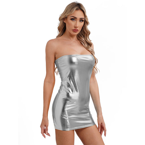 Womens Metallic Shiny Strapless Pencil Dress Solid Sleeveless Breast