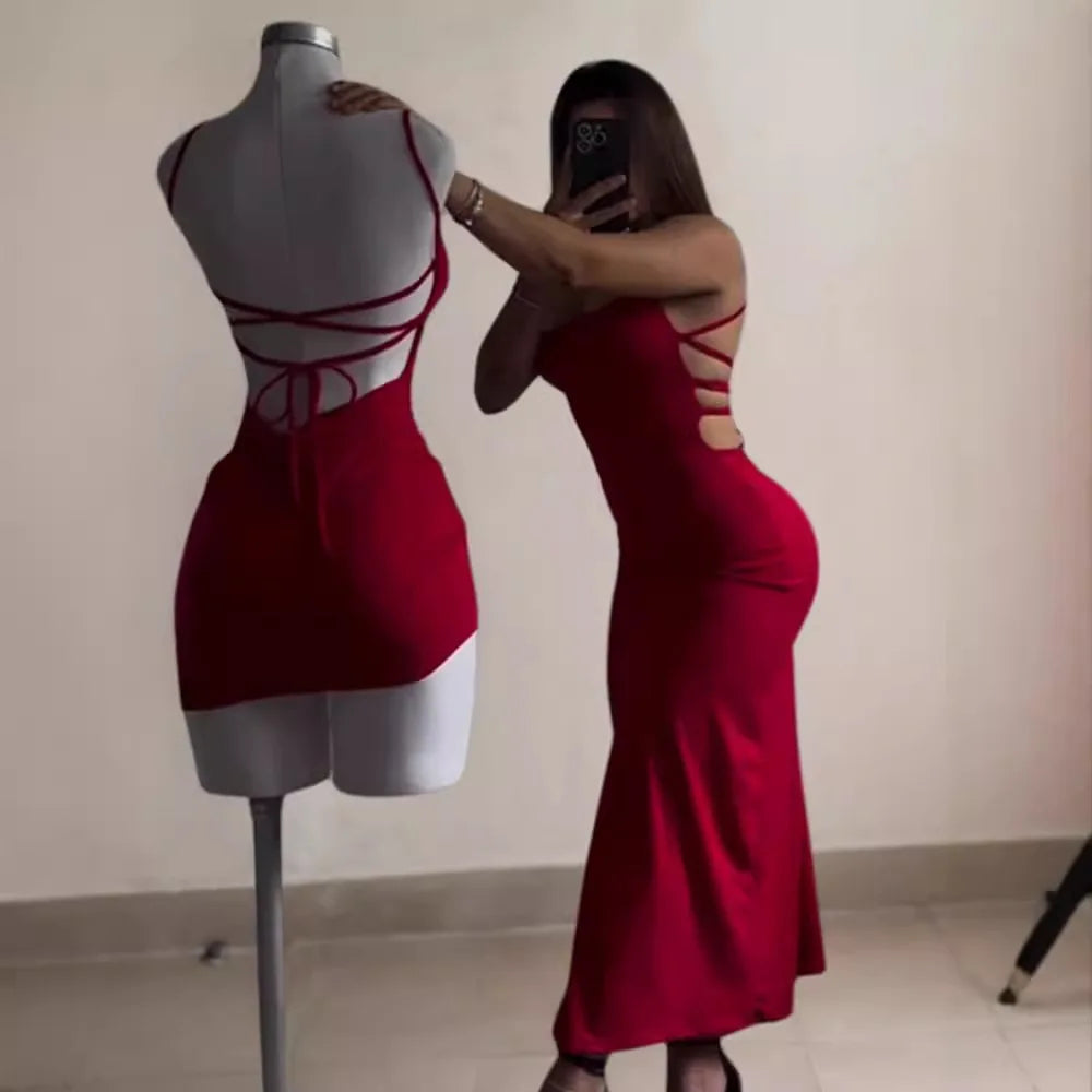 Hot Style Slim Spaghetti Strap Dresses Women Sexy Backless Leace-up