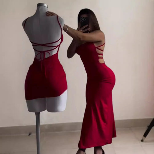 Hot Style Slim Spaghetti Strap Dresses Women Sexy Backless Leace-up