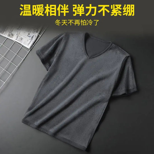 Plus Velvet Thickening short Sleeve Men T-Shirt V-neck Soft Warm