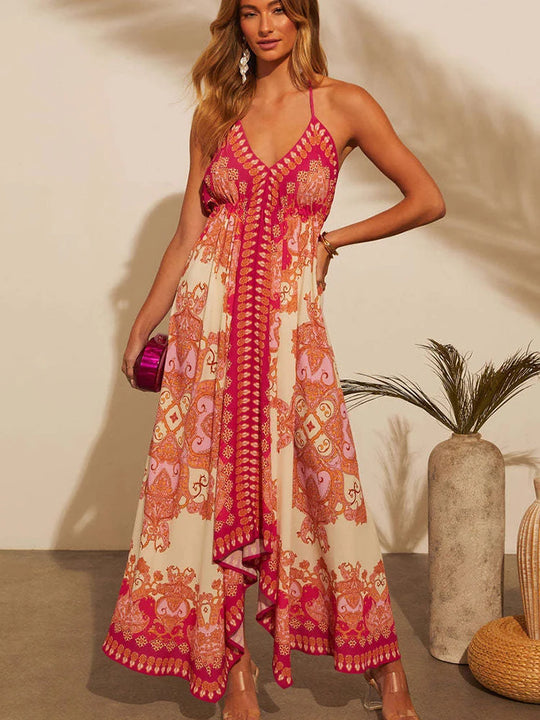 Women's Summer V-neck Halter Bohemian Floral Long Dress,Women