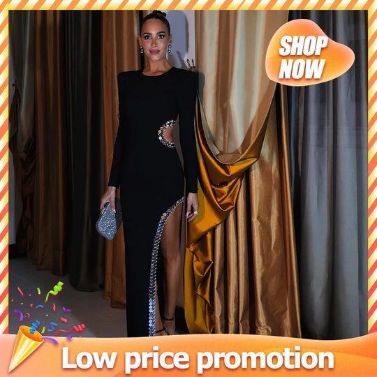 Women Elegant Black Hollow Out Sequins Splicing Dress Fashion O Neck