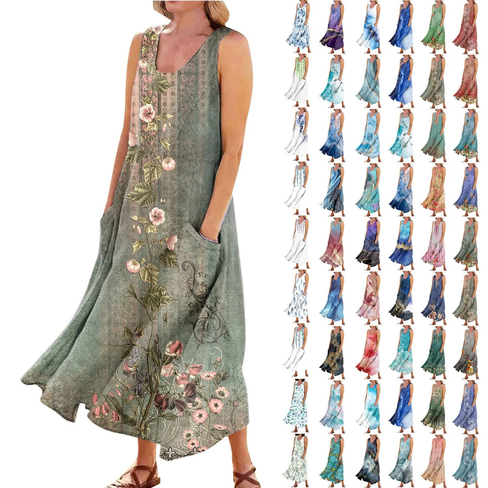 Women's Summer Casual Retro Dresses Beach Cover Up With Pockets Plus Size Loose Cotton Linen T-shirt Dress Beach Long Dress