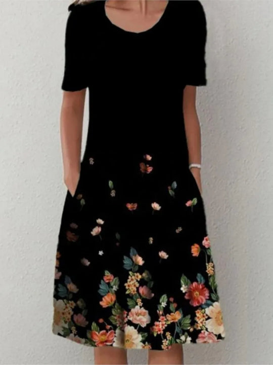 Summer Fashion Boho Floral Print Pocket Midi Dress For Women O Neck Short Sleeve Casual Loose Dress Female Women's Clothing