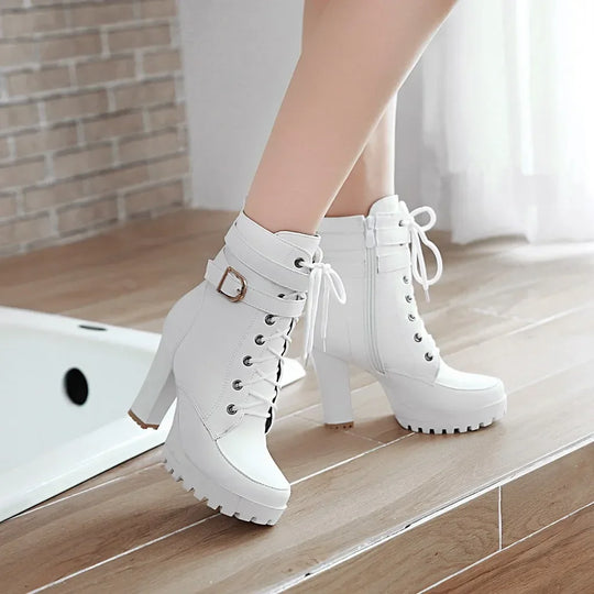 High Heels Women Ankle Boots Lace Up Fall Winter Platform Ladies Boots Large Size Fashion Shoes White Black Brown 2024