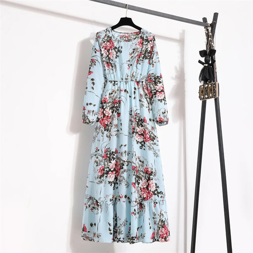 Spring Summer Women Maxi Dresses Casual Full Sleeve Floral Printed