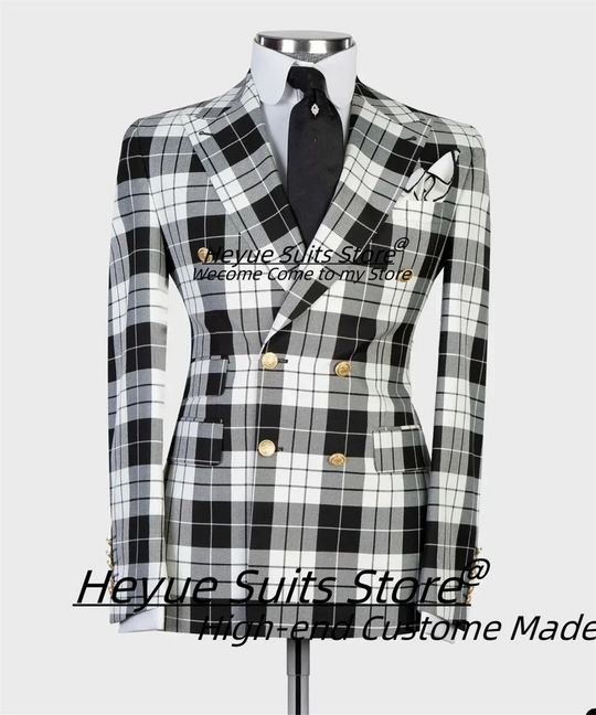 British Plaid Men Suits Slim Fit Double Breasted Groom Wedding Tuxedos 2 Pieces Sets Elegant Male Blazers Ropa Hombre