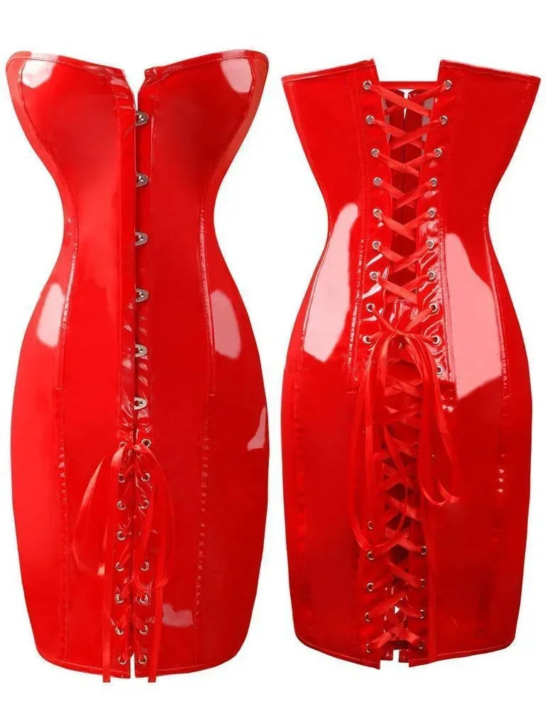 Hot Red Black Body Slim PVC Corset Sexy Club Long Bustier Dress Long