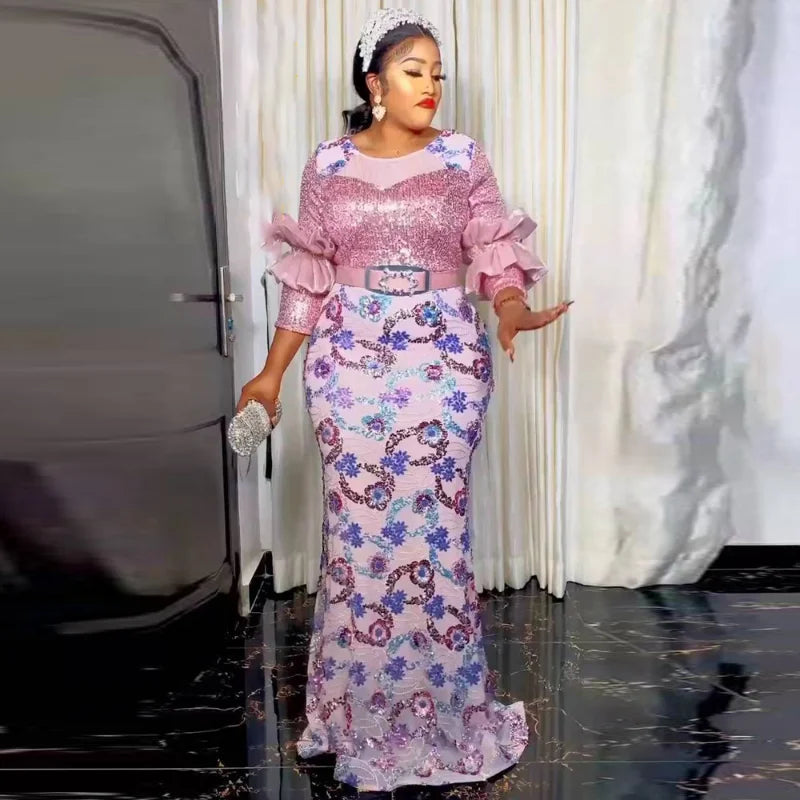 Plus Size Luxury African Sequins Dress for Women Elegant Lady Evening Dresses with Belt Sexy Female Wedding Party Bodycon Gown