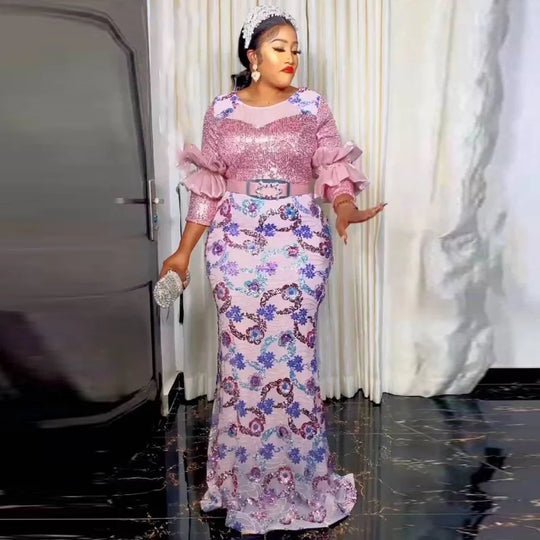Plus Size Luxury African Sequins Dress for Women Elegant Lady Evening Dresses with Belt Sexy Female Wedding Party Bodycon Gown