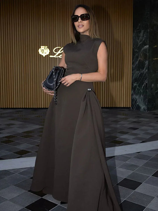 Elegant Oblique Collar Pleated A-line Dress For Women Fashion Brown