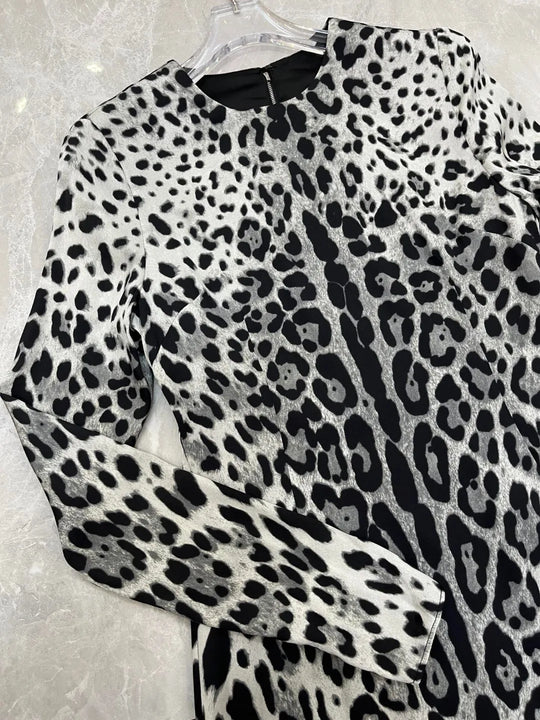 Elegant Women's Party Dress 100% Silk | Luxury Designer Black Leopard Print Midi | Evening Cocktail Gown