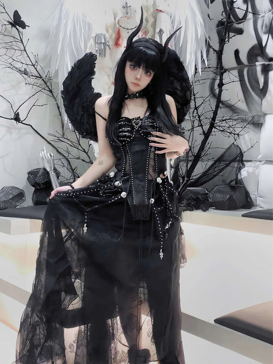 TDH Heavy Industries Handmade Pure Black Gothic Black Strap Drawstring Chest, Bird Cage, Affordable Bundle Body, Skincare Top