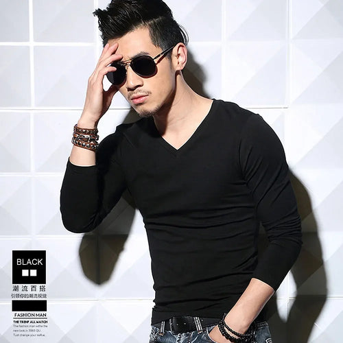 Lycra Cotton Men's T-Shirts Long Sleeve V Neck T Shirt MRMT Men