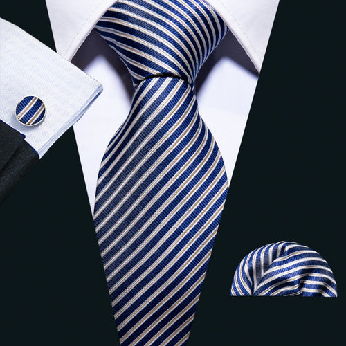 Men Tie Gold Navy Blue Striped Silk Tie 3.4" Jacquard Party