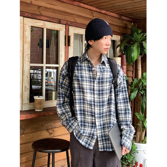 Oversized Men's Plaid Long Sleeve Korean Style Shirt, Trendy Loose Plaid Shirt, Handsome Jacket, Unisex American Retro Plaid