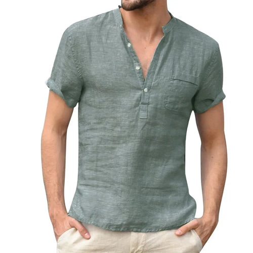 High Quality New Men'S Linen V Neck Bandage T Shirts Male Solid Color